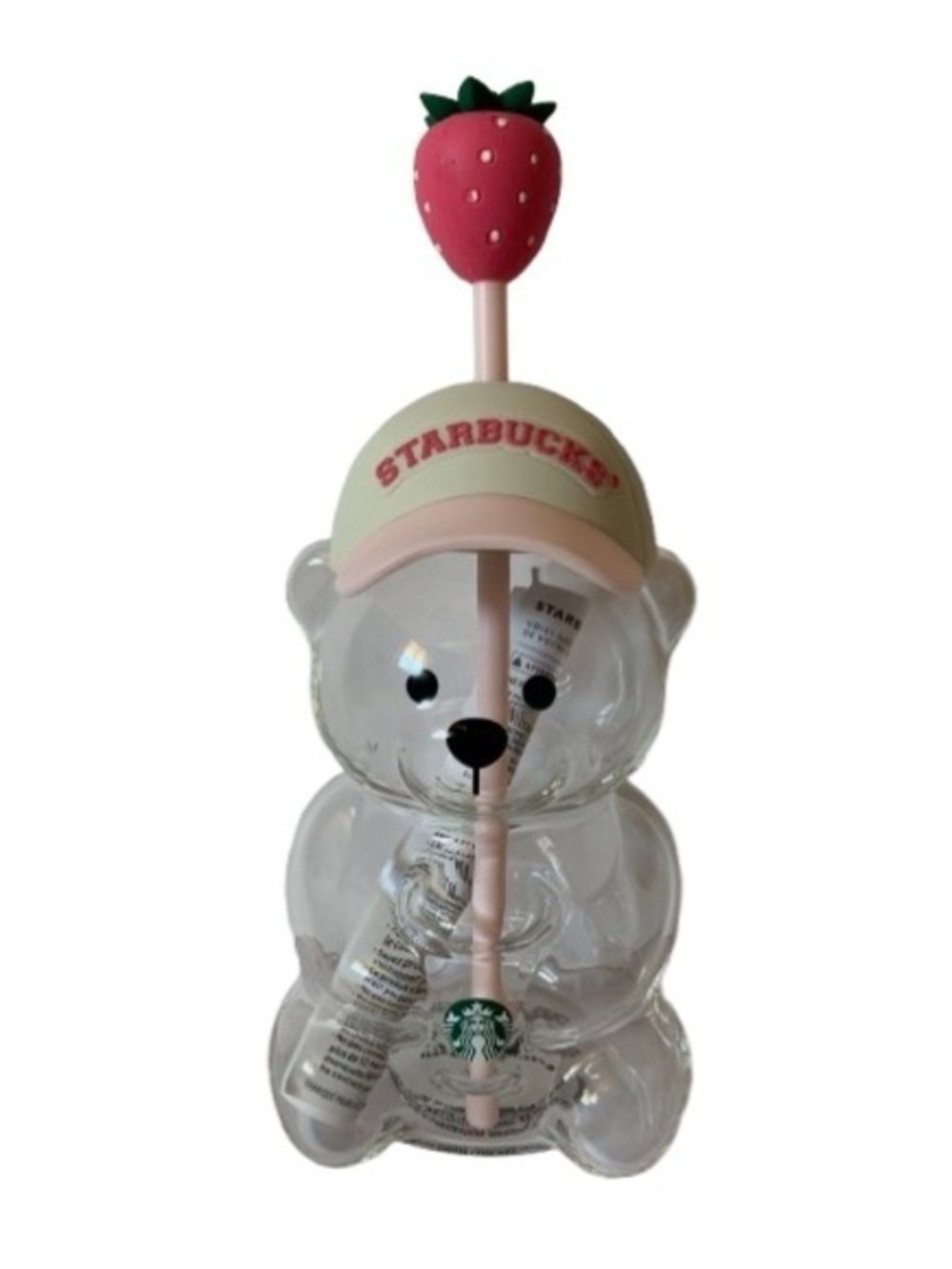 NWT. Starbucks Glass Bear Tumbler with Pink Strawberry Straw